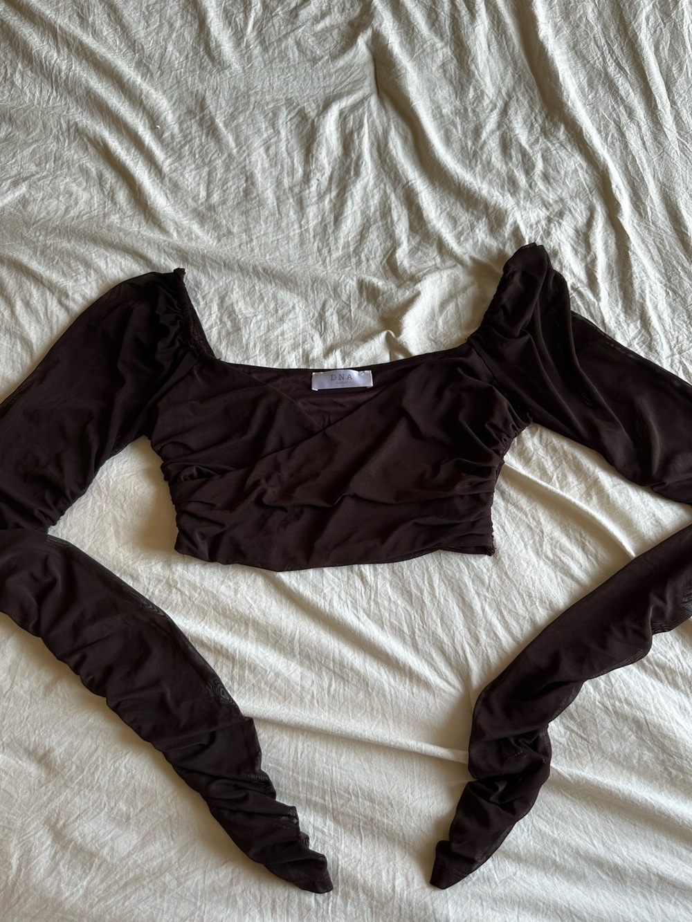 Chocolate Brown Long Sleeve Mesh Crop Top - Women's